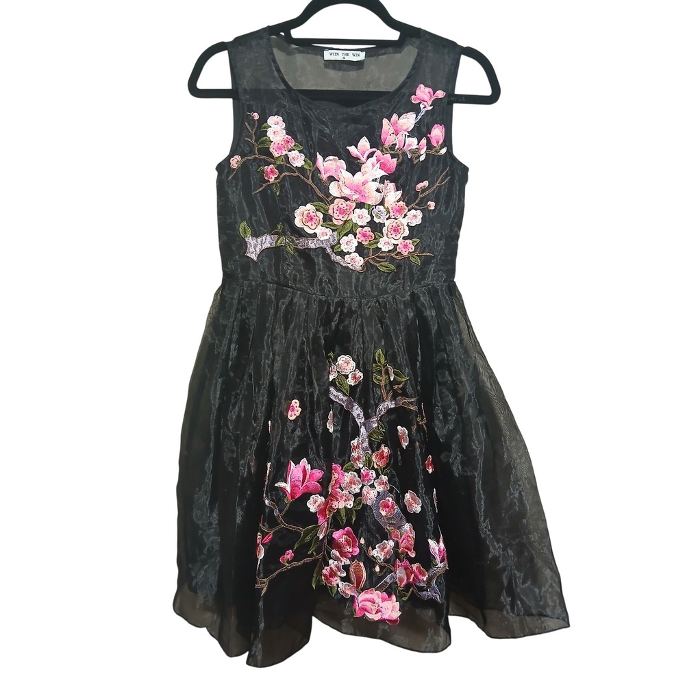 With The Win Black Organza Cherry Blossom Floral Embroidered Mini Dress Small - Picture 4 of 15